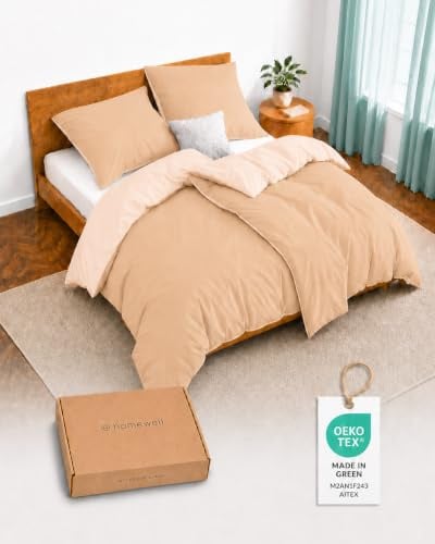 Homewell Baumwoll-Bettwäsche Set 2-teilig 135x200 cm | Premium Mako-Satin mit Reißverschluss | Wendebettwäsche, Sand/Puder