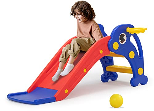 3 In 1 Kleinkind Rutsche, Baby Rutsche Plastik Klettern Playset Mit Basketball-Ring Und Ball, Innen- Und AußEnspielplatz FüR Kinder Rot