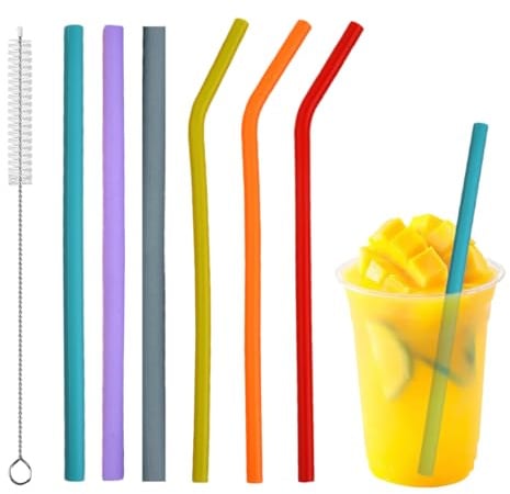 Set di 6 Cannucce in Silicone Riutilizzabili con Spazzola, 3 Dritte e 3 Curve per Bambini e Adulti, Lavabili in Lavastoviglie (Blu, Grigio, Viola, Rosso, Arancione, Verde)