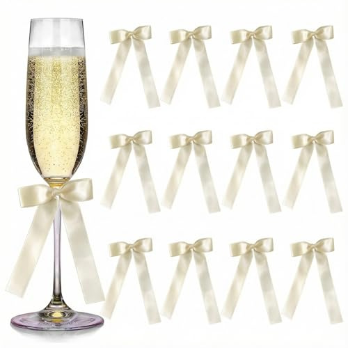 YAFIYGI 12PCS Bow Wine Glasses Decorations Ivory White Bows for Glass Cups Self-Adhesive Name Tags and Labels for Drinks Wedding Anniversary Party Decor Champagne and Candle Holder Bows