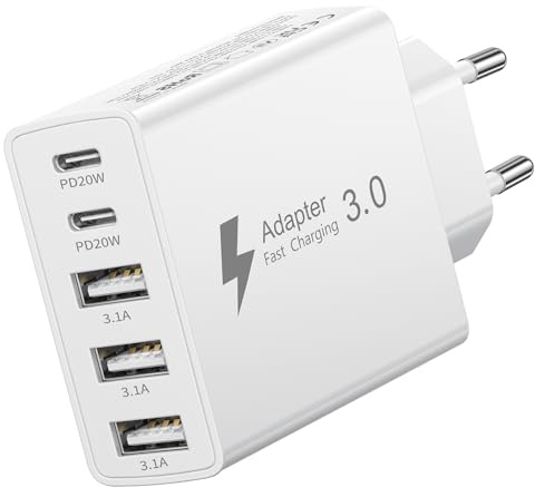 USB C Ladegerät, 5 Ports Mehrfach Stecker mit 2 USB-C und 3 USB-A, 50W USB Netzteil Wand-Ladegerät, Fast Charge PD 3.0 Power Adapter Kompatibel mit iPhone 17/16/15/14/13/12/Air/Samsung/Handys/Tablets