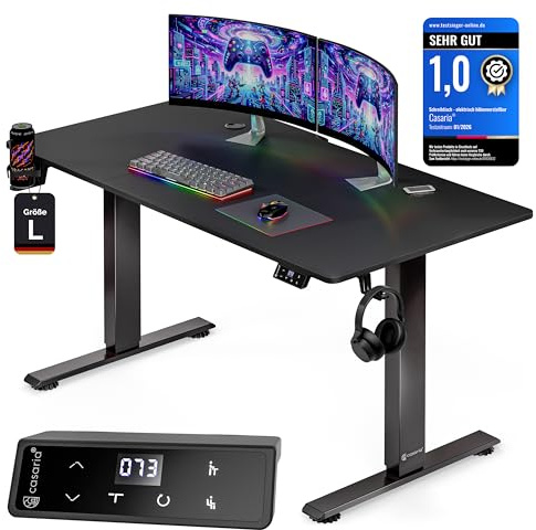 Casaria® Höhenverstellbarer Gaming Schreibtisch elektrisch 140 x 70 cm mit Wireless Charger & USB-C/A Anschluss LCD-Display Memory-Funktion 80 kg belastbar ergonomisch Gamer Carbon Optik