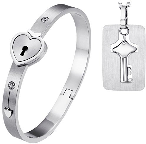 Oidea 2pcs His and Hers Love Heart Lock Macthing Bangle Bracelet Tag Pendat Necklace for Valentines Day Gifts