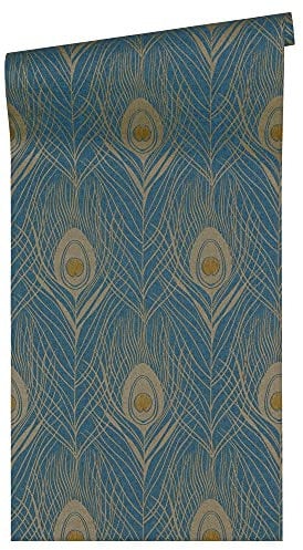 A.S. Création Architects Paper Non-Woven Wallpaper Absolutely Chic Wallpaper with Peacock Feather 10.05 m x 0.53 m Blue Yellow Metallic Made in Germany 369712 36971-2