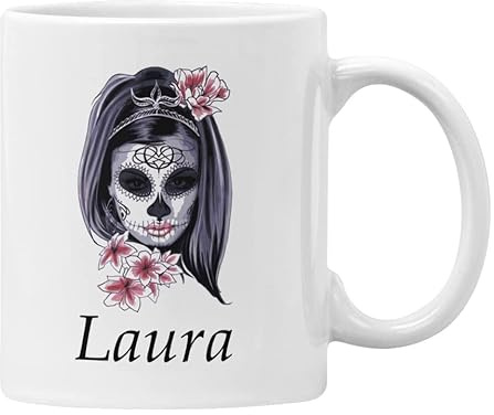 Plumfoolery Personalised Sugar Skull Day of The Dead Mug Any Name or Text Gift for Her (White)
