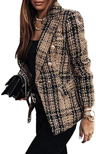 Onsoyours Femme Blazer à Carreaux Élégant Manches Longues Slim Fit OL Bureau Affaires Veste De Costume Devant Ouvert Manteau Cardigan Blouson Jacket A Kaki L