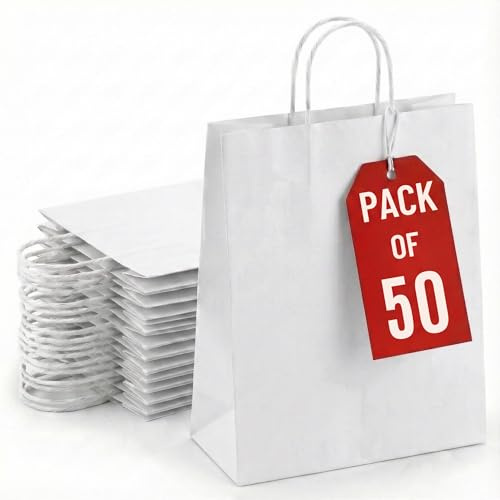 Kids Party Bags - 50Pcs Wrinkle Free Paper Party Bags with Twisted Handles - White Party Bags, 100gsm Strong Recyclable Gift & Kraft Bags for Birthdays & Baby Showers 24×18×8cm