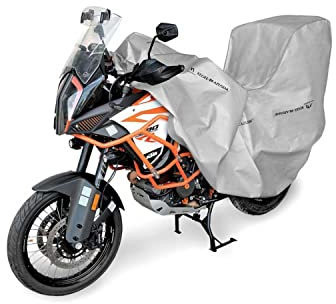 Motorrad Abdeckplane Motorradabdeckung Motorradgarage Adventure mit Box 215-245 cm Grau Wasserfest & Extrastark Outdoor Abdeckplane gegen Regen Schnee Wind UV-Strahlung Laub und Anderen Schmutz