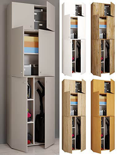 VCM Holz Besenschrank | 6 Fächer | Maße: H. 223 x B. 70 x T. 39 cm | Haushaltsschrank | Mehrzweckschrank | Aufsatz mit Zwei Türen - Lona