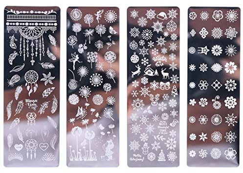 CWED 4 Stück Nagel stempelset,Schblonen Platte Set,Nagelstempel, Schaber für Nagelstempel Maniküre French nails stempel Art/Pflanze/Puzzle/Geometrie/Feuer/Tier/Spitze/Feder