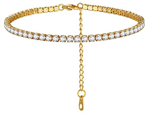 Chaine de Cheville Zirconium Plaqué Or Femme Zircon Blanc Acier 22 cm Adjustable Bracelet de Pied Tennis Bijoux Cheville Fille Petite Amie Copine