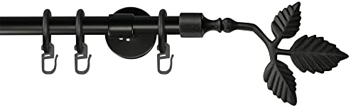 Garesa Gardinenstange Rustika Ø 16mm, 1-läufig, Schwarz I Rustikale Vorhangstange aus Metall inkl. Ringe + Faltenlegehaken I Mit Endknopf Blatt I 140cm