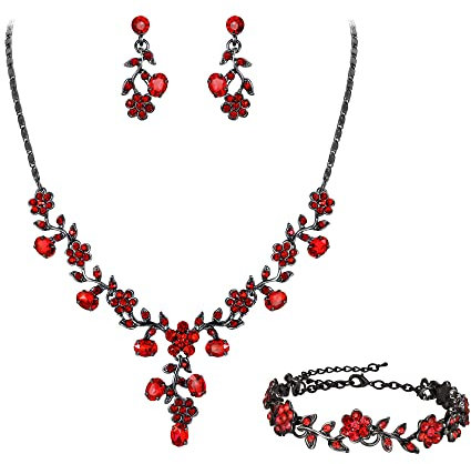 EVER FAITH Hochzeit Party Schmuck Set für Braut österreichischen Kristall Cluster Blume Kostüm Halskette Ohrringe Armband Rot Schwarz-Ton