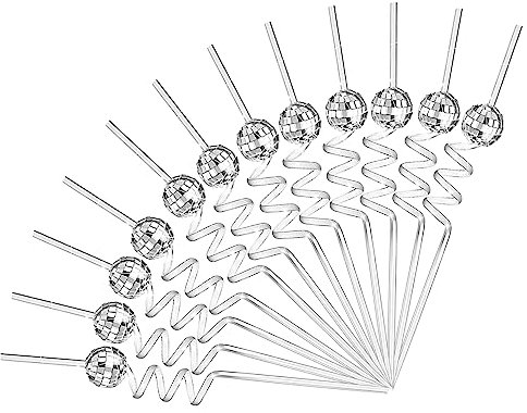 maxant 12 Piece Mirror Disco Ball Straws, 1970s Mini Decorative Reusable Cocktail Straws Glitter Drinking Decor for Party Holiday Wedding Birthday Home Bar Coffee Shop Supplies (Silver) L01721