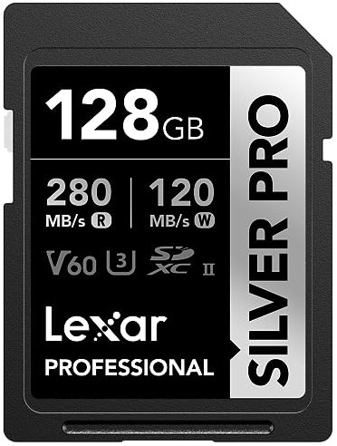 Lexar Silver Pro Carte mémoire SDXC 128 Go UHS-II, C10, U3, V60, Full HD et vidéo 4K, jusqu'à 280 Mo/s de Lecture, pour Photographe Professionnel, vidéaste, Amateur (LSDSIPR128G-BNNNU)