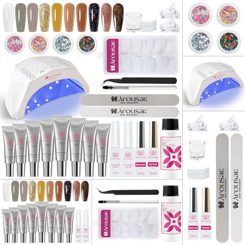 Arousar Poly Nagelgel Set, 12PCS Nagelverlängerungs Gel Kit, Klares Braun 10 Farben Nagelgel mit 2 Gel Nagellack, Deck und Unterlack, LED Lampe Nägel Selber Machen für Anfänger und Profis