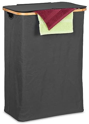 Relaxdays Wäschekorb mit Deckel, 105 l, Wäschesammler, Bambus & Polyester, faltbar, tragbar, Wäschekiste, schwarz/Natur