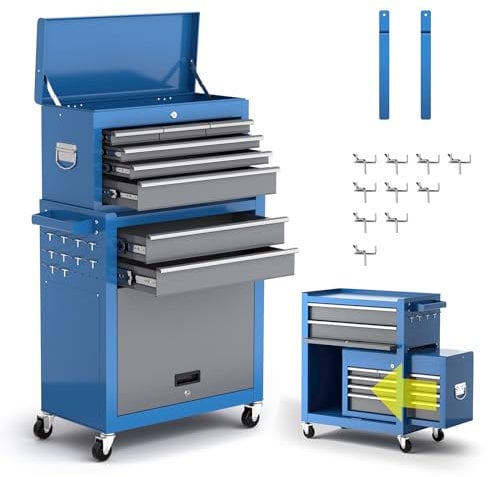 AIRAJ Large Tool Cabinet(620x330x1090mm), 8 Drawer Professional Tool Chests TOP Cabinet,Removable/Lockable/2Casters with Parking Brake/Side Hanging Plate and Hook,Heavy-Duty Workshop Tool Chest