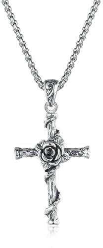 GAVU Collier Chaîne Pendentif Croix avec Rose Acier Inoxydable Homme 55cm