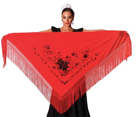 AMINA JAADE Großer Flamenco-Schal Maße: 190 x 89 cm, ohne die Fransen zu zählen (30 cm), einseitig bestickt., Roter Körper, schwarze Stickerei, X-Large