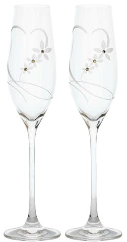 Hooli Mooli 2 x 210ml Crystal Mr and Mrs Champagne Flutes - Wedding Glasses for Bride and Groom - Wedding Gifts for Couple - Bride and Groom Glasses - Heart and Flower Design