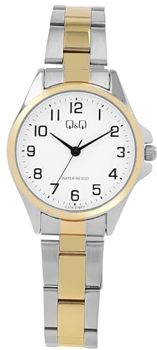 Q&Q Damen-Uhr Edelstahl Gliederarmband Faltschließe 3 Bar Analog Quarz (Bicolor weiß)