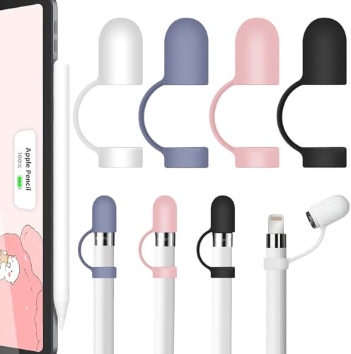 4 Stück Kompatibel mit Apple Pencil Kappe Silikon Cap Anti-Lost Ersatzkappe Zubehör,Ergonomische Design Ärmel Halter Kompatibel mit Apple Pencil 1. Generation (Weiß+Mitternachtsblau+Schwarz+Rosa)