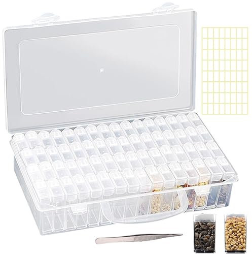 Organisateur Graines à 64 Emplacements avec Autocollants d'étiquettes et Pinces à épiler, Boîte Plastique Perles, Organisateur Peinture Diamant, Utilise Conteneur Stockage Graines Feurs et Légumes
