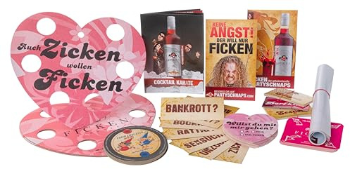 Party Dekopaket - Aufkleber, Bierdeckel, Poster, Aufsteller und Herzen von FICKEN Likör