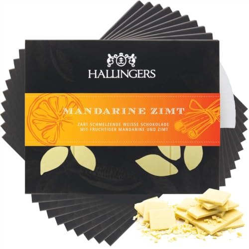 Hallingers Genuss Manufaktur Weiße Schokolade Geschenk - Tafel handgeschöpfter Edelkakao ohne Alkohol edler Karton 10x Mandarine-Zimt Mandarine-Zimt, Geschenkidee für Frauen Männer