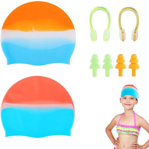 VINEST 2 Pezzi Cuffia Piscina Bambino per Dai 4 Ai 16 Anni, Elastico Cuffia Piscina bambina in Silicone, Impermeabili Cuffia Piscina Uomo, con Protezione per Le Orecchie e Pinza per Il Naso