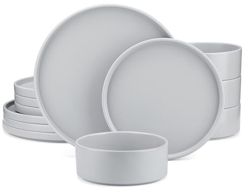vancasso Venus Matte Dinnerware Set, 12-Piece Grey Dinner Sets, Stoneware Crockery Set with 4-Piece 10.5in Dinner Plate, 8in Dessert Plate, 720ml Bowl, Modern Style
