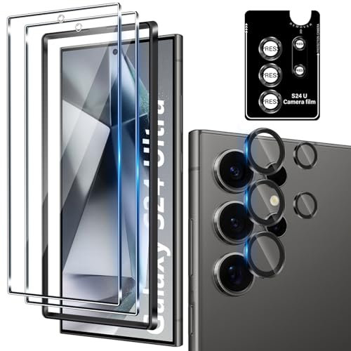 Funrae Verre Trempé pour Samsung Galaxy S24 Ultra 5G avec Caméra Arrière Protecteur [2+1 Pièces], Protection Objectif Caméra Individuel pour Tout Coque，Dureté 9H HD Glass Film de Protection d’écran