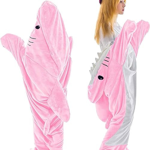 STJNFCY Shark Blanket, Hai Decke zum anziehen mit Ärmeln, Kostüm Hai Decke Schlafsack, Super Weich, Gemütlich, Interessant, Geschenk für Erwachsene, Teenager, Hai-Liebhaber,Pink-M