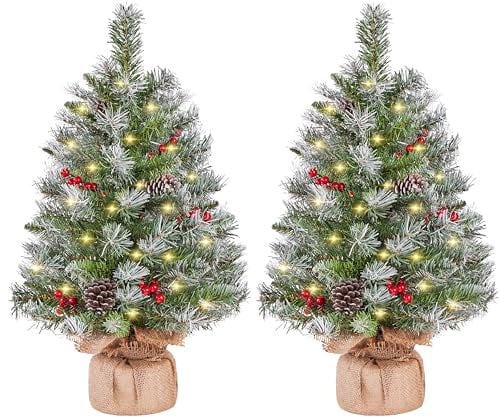 Yaheetech 2Pcs Pre-Lit Artificial Mini Tabletop Christmas Tree, 2ft/61cm Frosted Battery Operated Small Xmas Trees with 35 LED Lights, 42 Red Berries & 6 Pinecones for Festival Decoration