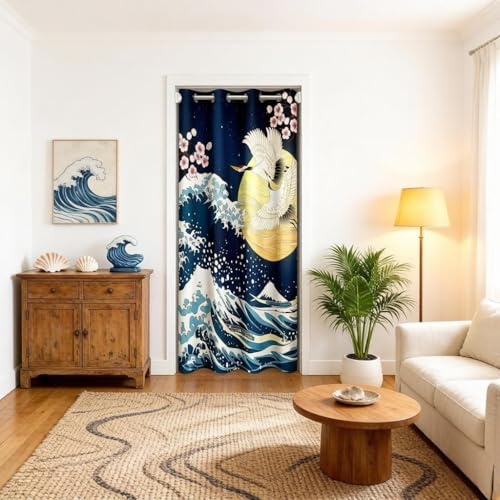 Loussiesd Japanese Style Corrugated Door And Window Blackout Curtain 1 Panel, Cherry Blossom Curtain, Indoor Living Room, Bedroom, North Studio Pattern Home Decoration Door Curtain 106X203Cm
