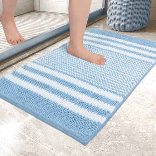 Biscpro Badematte 40 x 60 cm, rutschfest und Waschbar Chenille Badezimmerteppich, Badteppich Weicher Saugfähige Duschvorleger für Badezimme, Badewanne und Toilette, (Hellblau)
