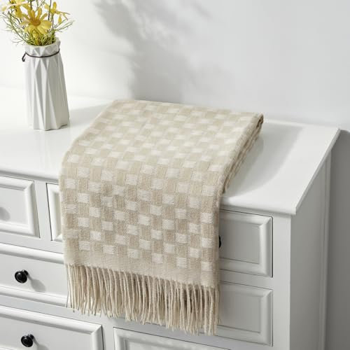 CREVENT Couverture à carreaux légère, respirante, douce et chaude pour canapé, lit, faux cachemire, décoration d'intérieur avec franges (127 x 152 cm, beige)