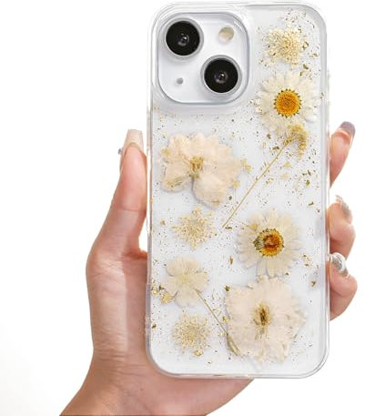 rongki Floral Case for iPhone 13 Clear Case with Real Dried Flower Patterns, Glitter Cute Flowers Design for Women Girls Slim Soft Edge Shockproof Phone Cover for iPhone 13 6.1 (Daisy)