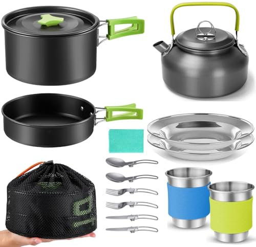 15pcs Camping Cookware Mess Kit,Non-Stick Pot and Pan Set with Kettle Stainless Steel Cups Plates Forks Spoons Lightweight, Fork Spoon Kits for Backpacking, Outdoor Camping Hiking and Picnic (TYPE-M)