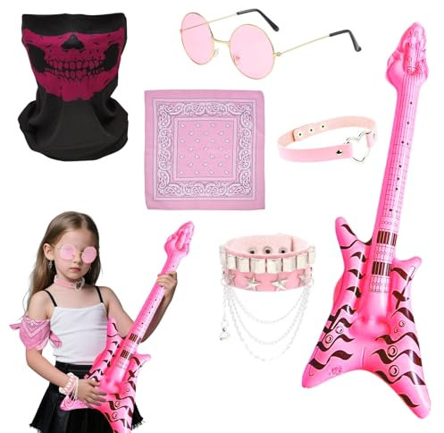 TUONYIS 6 Stück Punk Rockstar Fancy Dress Kostüm,Rosa Rockstar Kostüm,70er 80er 90er Jahre,Rockstar Zubehör mit Sonnenbrille Bandana Armband Maske Aufblasbare Gitarre für Herren Damen Party(Rosa)