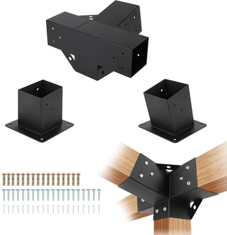 4''x4'' Pergola Bracket Kit,Heavy-Duty 15°Slanted Roof Mount for Wood Posts,Angled Gazebo DIY Kit, Outdoor Garden 4-Way Wall Brackets(3PCS)
