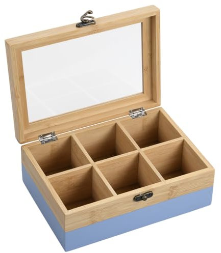 Kesper® | Tee-Box, Material: FSC®-zertifizierter-Bambus – 6 Fächer – mit Sichtfenster & Retro-Verschluss – Teebox zur Aufbewahrung, Maße: 21,5x15x8,5 cm – ohne Tee, Farbe: Blau-Natur | 58942