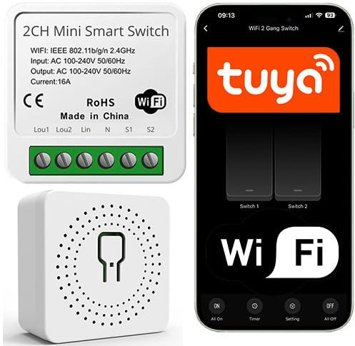 Sone Smart One WLAN Lichtschalter Smart Life Tuya – Sprachsteuerung mit Alexa/Google – 2-Kanal WiFi Relais 16A/230V 150W LED – Unterputzmodul 41x41x24mm – Smart Home Schalter - 1 Stück