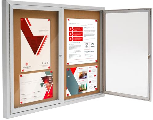 Tableau d'affichage extérieur verrouillable 110 x 80 cm, cadre en aluminium, tableau d'affichage mural en feutre avec portes verrouillables, vitrines en verre trempé pour école, bureau, commerce (110