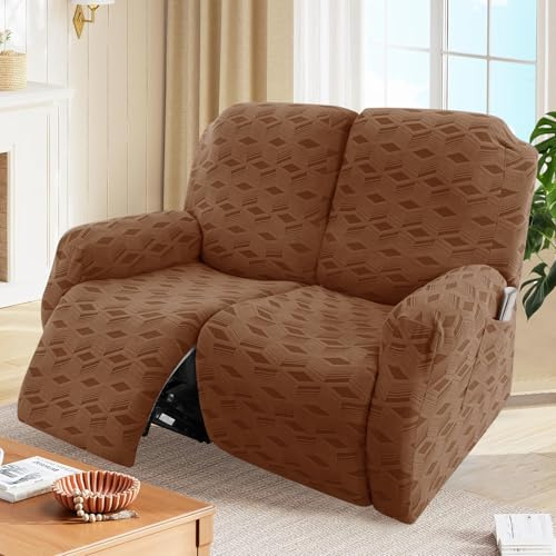 OKYUK Recliner Chair Covers - Stretch Jacquard Recliner Cover, Furniture Protector for Kids & Pets, Anti-Slip Recliner Covers with Side Pockets for Storage (Light brown Checkered, 2 Seater)