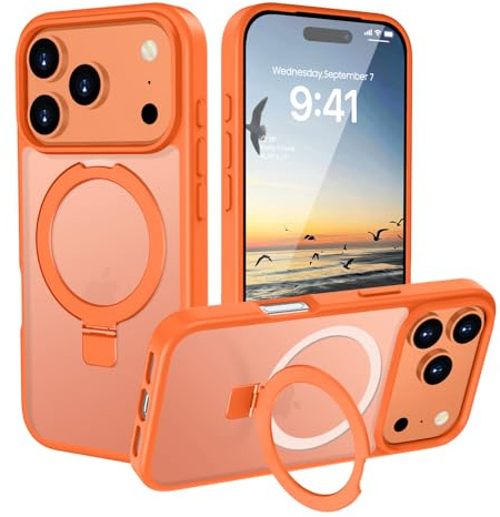 HGH Hülle für iPhone 17 Pro 6,3 Zoll mit Ständer für MagSafe, Hülle mit Ring Ständer,Transluzente Matt Rückseite Dünn Stoßfest Handyhülle für iPhone 17 Pro (Orange)