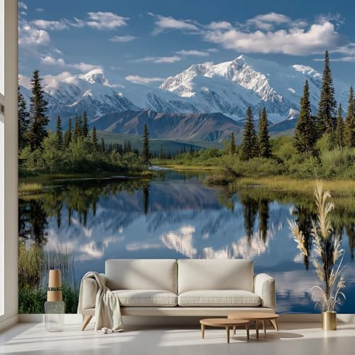 Kioldoq Natur Landschaft Vlies Tapete 150x200 cm, See Baum Fototapete | Schneeberg Motivtapeten Selbstklebende Wandtapete Schlafzimmer Wohnzimmer