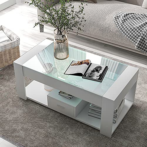 BTM Wohnzimmer Couchtisch mit Glasplatte, Schließfächern und Stauraum, Weiß 100 x 50 x 40cm