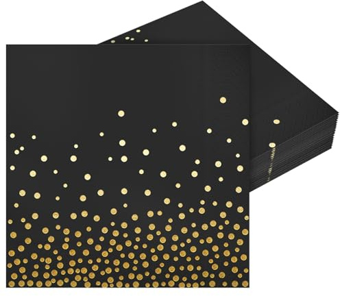 50 Servietten Schwarz mit Goldfolie Gepunktet 33 x 33 cm Papierservietten Party Serviette